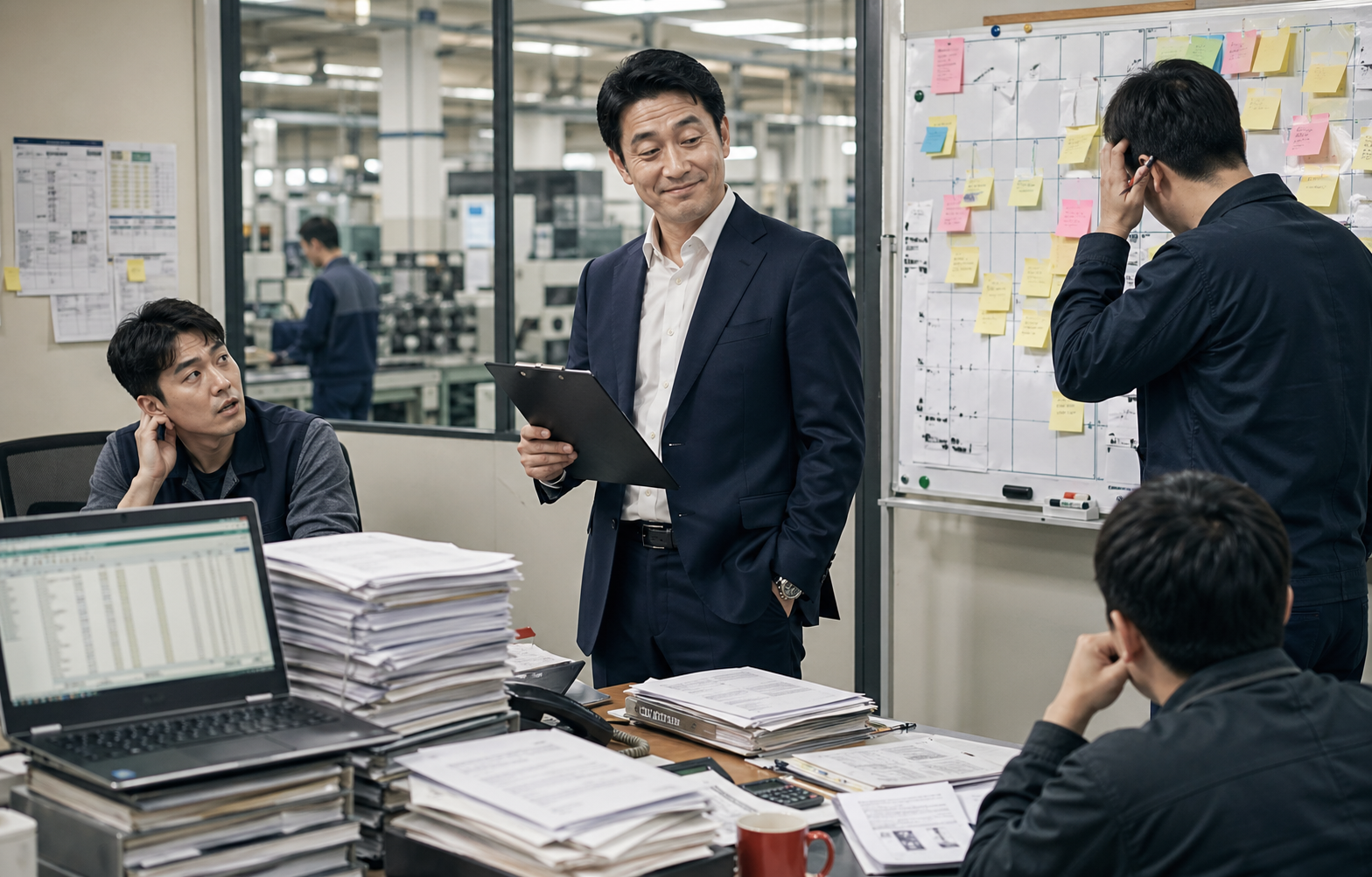 제조업 사무실에서 대표가 엑셀과 서류가 쌓인 업무 현장을 점검하는 장면
