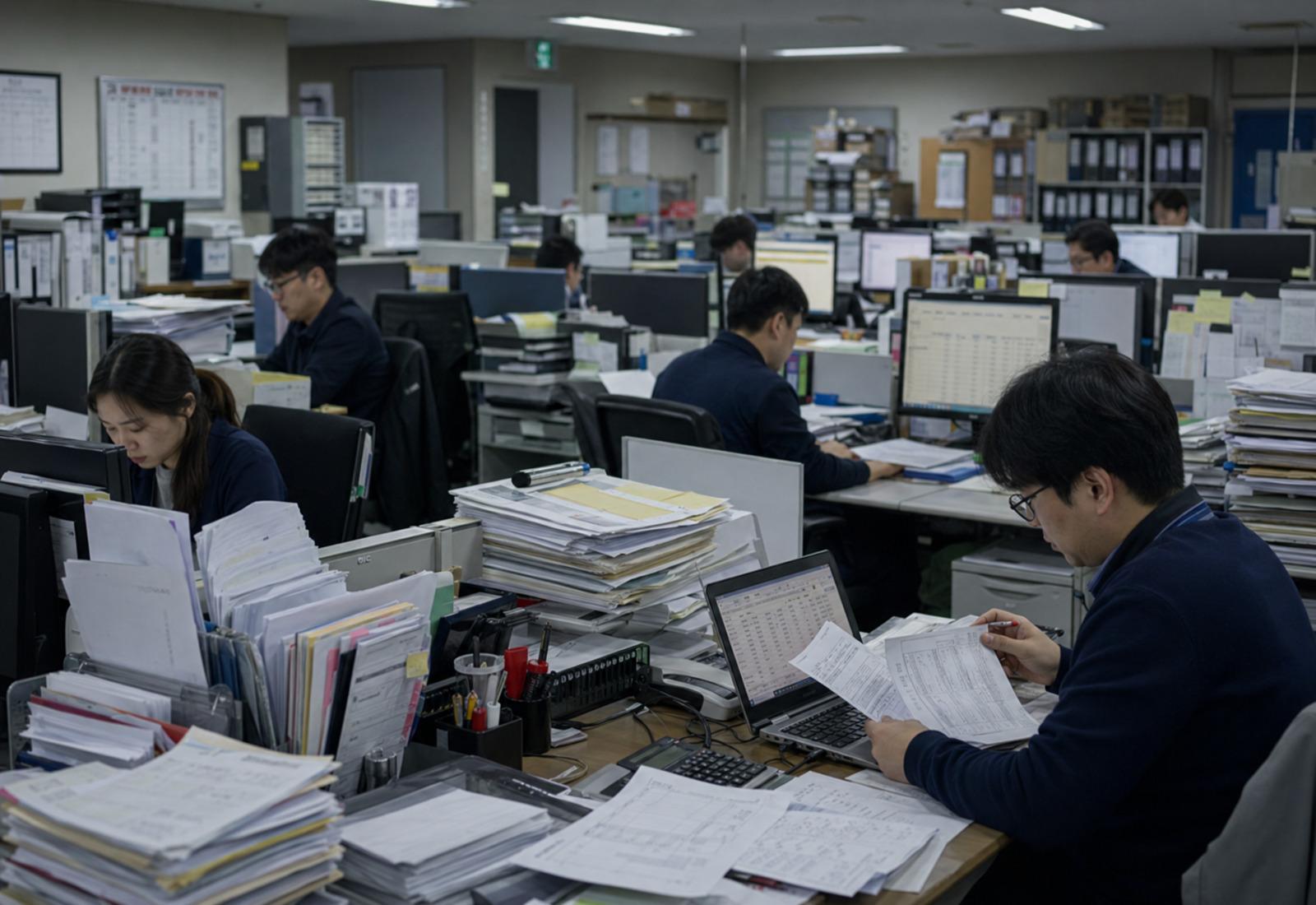 어수선한 사무실 책상에 종이 더미가 쌓여 있는 모습