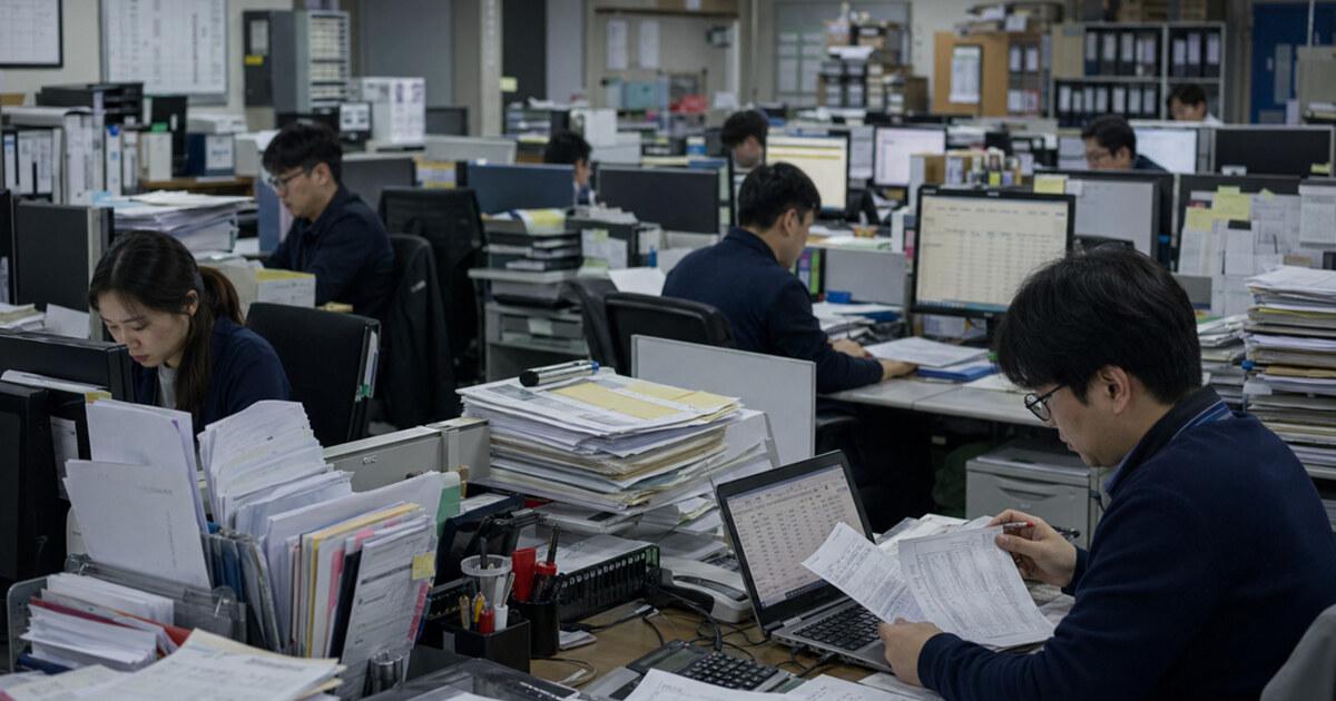 서류와 엑셀, ERP 화면을 함께 확인하는 제조업 사무라인 현장